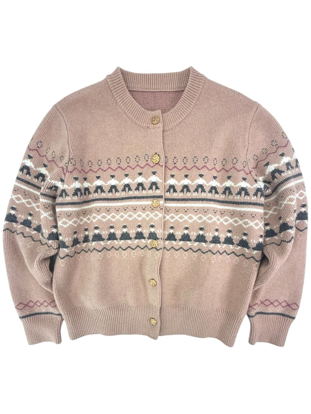 Vintage Fair Isle Cardigan Sweater Women's M Pink Nordic Button Front